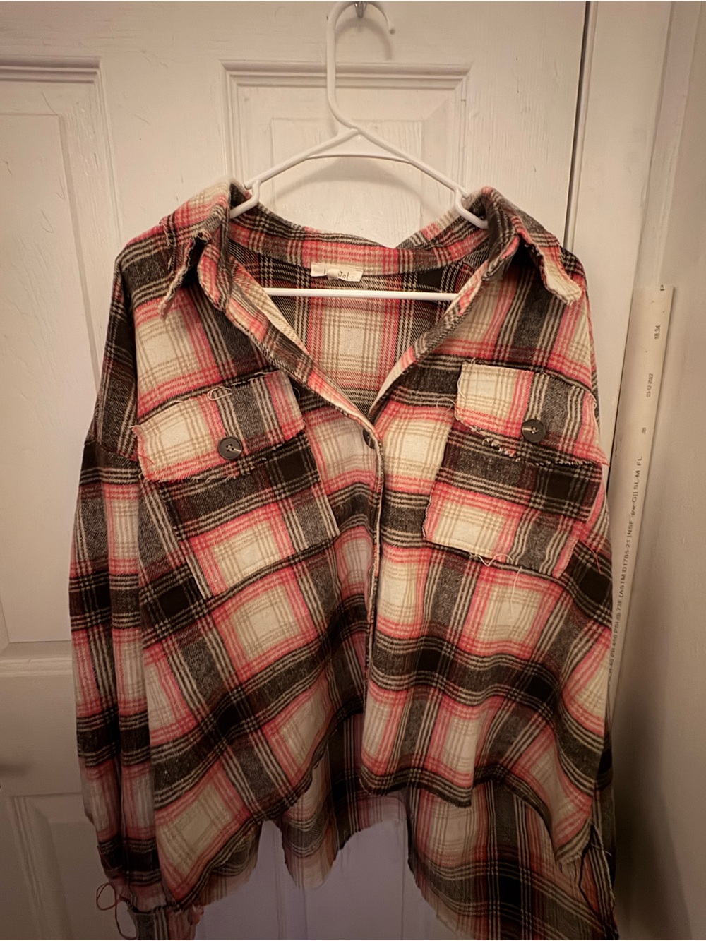 Woman’s  Plaid Flannel Shirt Jacket - Pink, Black & Cream